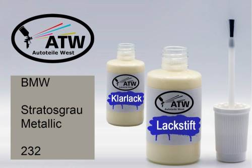 BMW, Stratosgrau Metallic, 232: 20ml Lackstift + 20ml Klarlack - Set, von ATW Autoteile West.